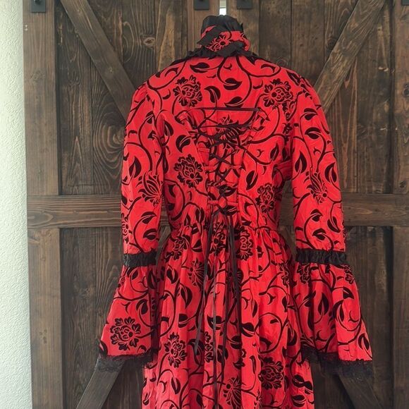 Victorian Dress Red Bow Floral Print Square Neckline Long Sleeves Matte - Picture 9 of 16